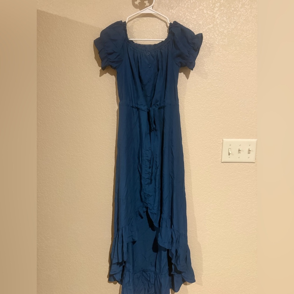 Blue Off Shoulder Midi Dress High Low Ruffle Hem Button Front XS boho